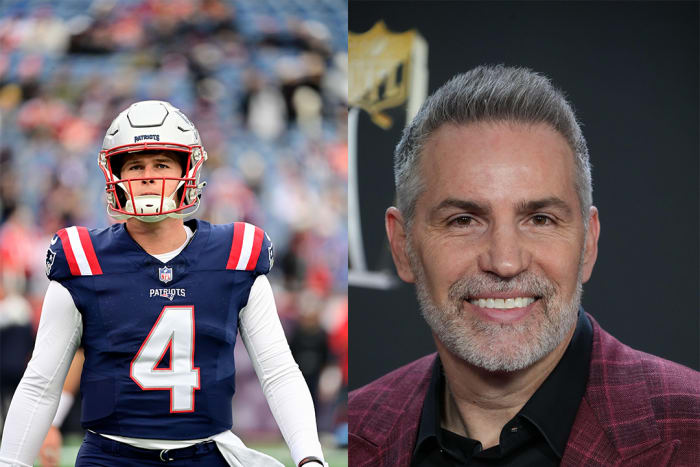 New England Patriots quarterback Bailey Zappe (left) and Pro Football Hall of Famer Kurt Warner (right).